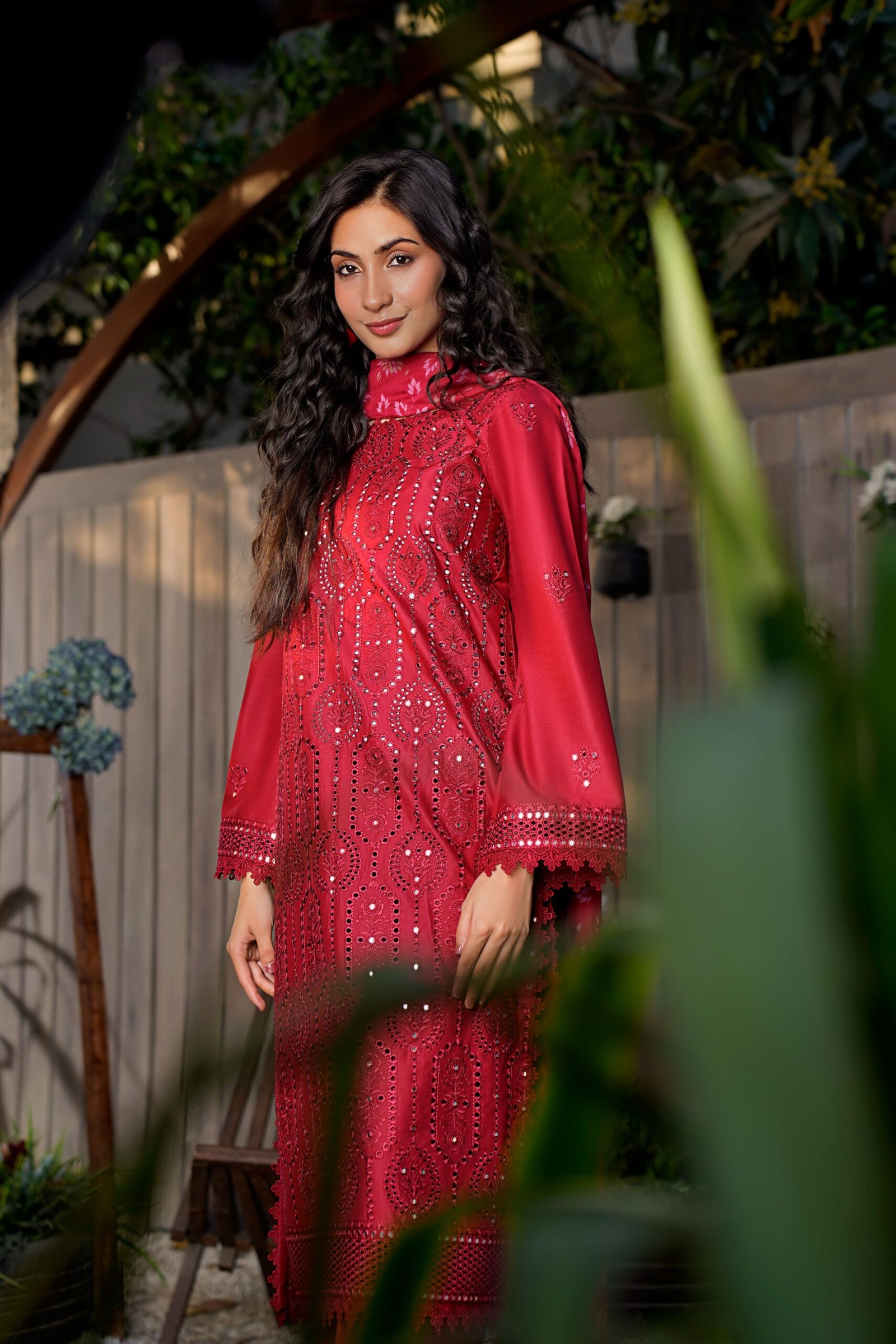 a stylish embroidered red dress